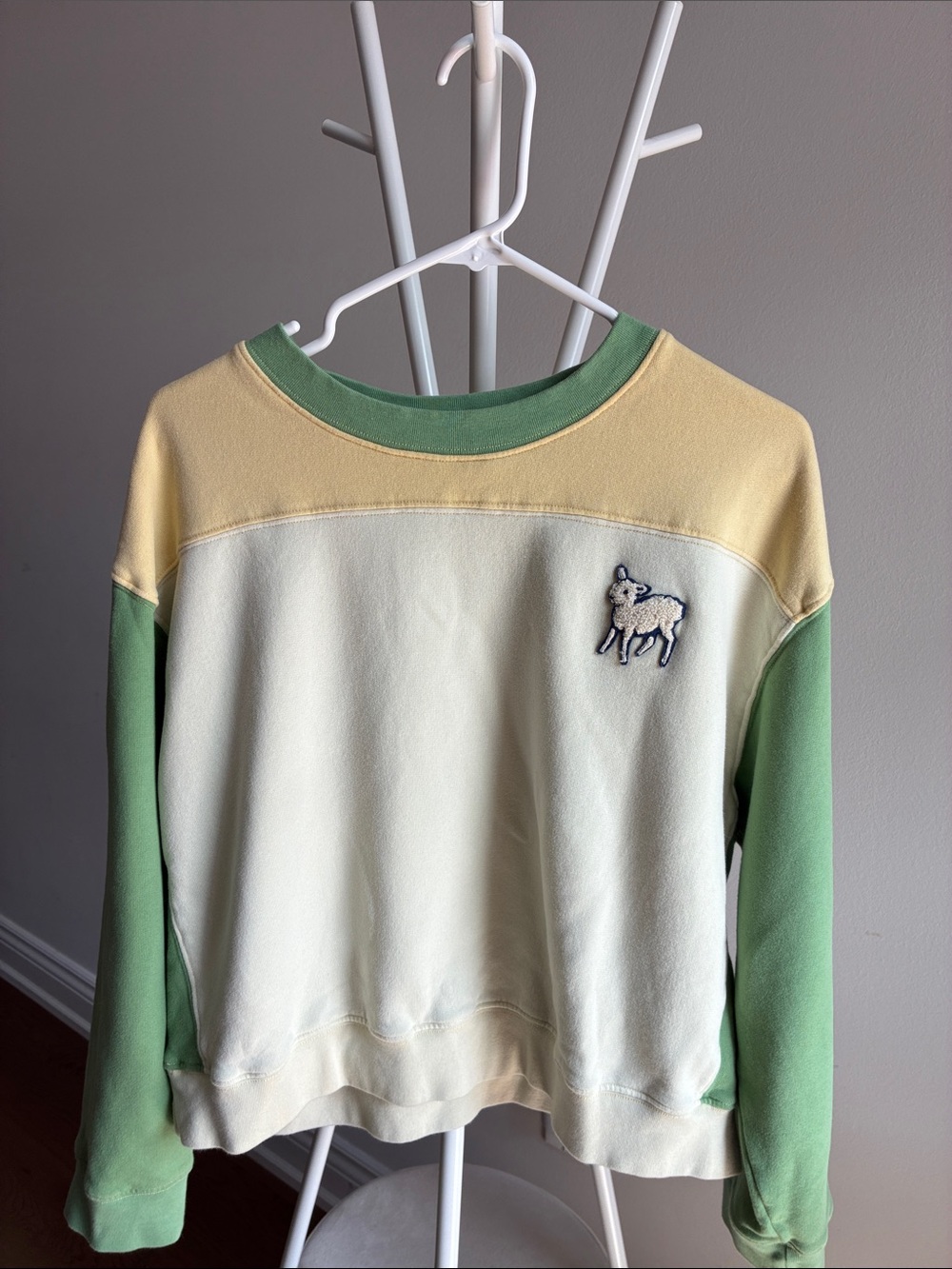 MOTHER Pastel Colorblock Lamb Crewneck Sweater - Green/Cream/Yellow